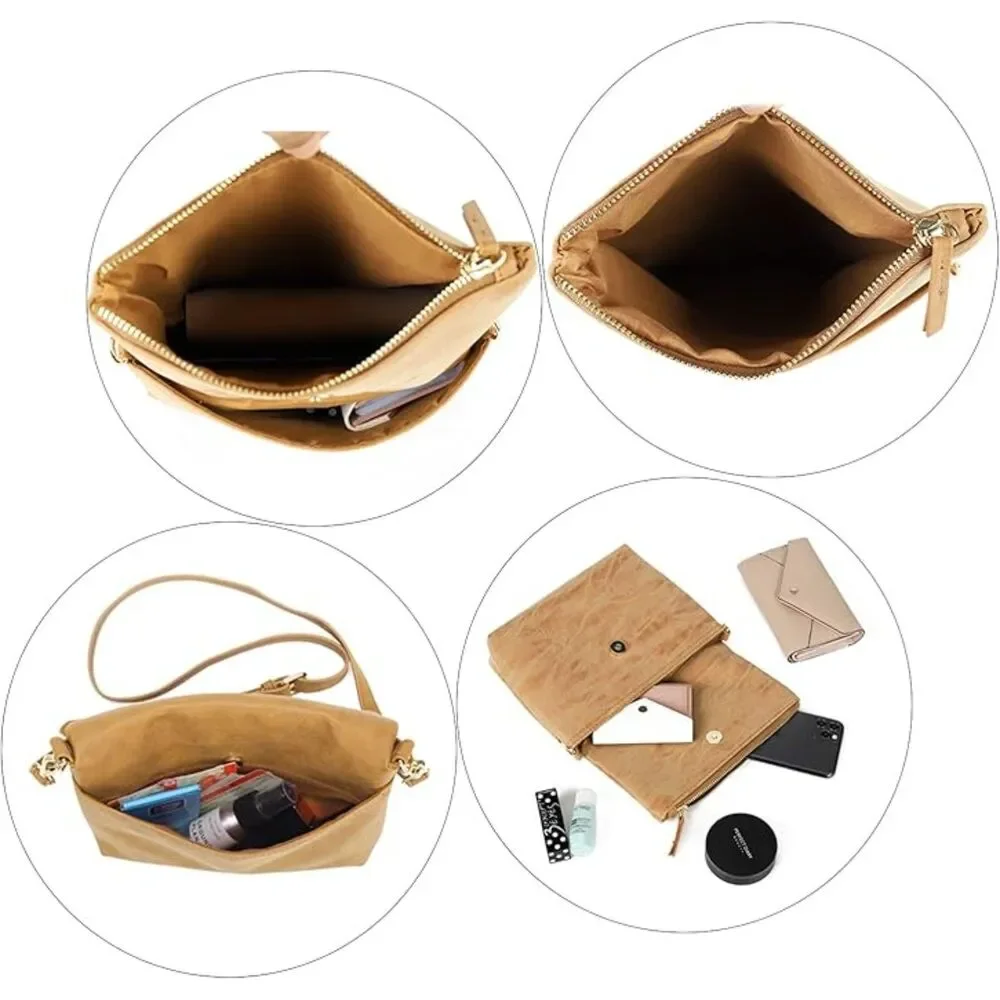 Women Light Brown Cream Imported Leather Fashion Cross Body Purse Shoulder Bag - Picture 4 of 4